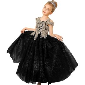 Formal Girls Tulle Long Pageant Dresses Prom Ball Gown Gold Lace Beaded