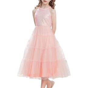 Girls Halter Neck Sequin Dress Sparkly Formal Party Prom Pageant Graduation Tulle Dresses Size 5-12