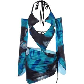CAPE CLIQUE Women Marble Print Halter Backless Dress Split Long Sleeves Sexy Slim Fit Mini Dress Cool-Street Skirt Suit