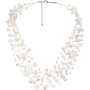 AeraVida Classy & Elegant Multi-Strand White Cultured Pearls with Agate Stone on Silk Thread Layered Necklace for Wedding Fashion Accessories with a Vintage Vibe