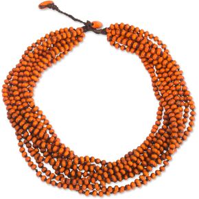NOVICA Artisan Handmade Wood Torsade Necklace Orange Beaded Jewelry Upcycled Thailand Eco Friendly 'Lamphan Belle'