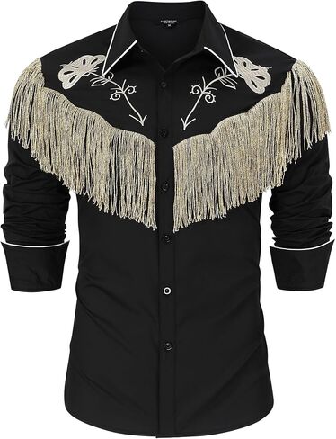 TURETRENDY Men's Western Cowboy Fringe Shirts Long Sleeve Embroidered Slim Fit Casual Button Down Shirts in Saudi Arabia
