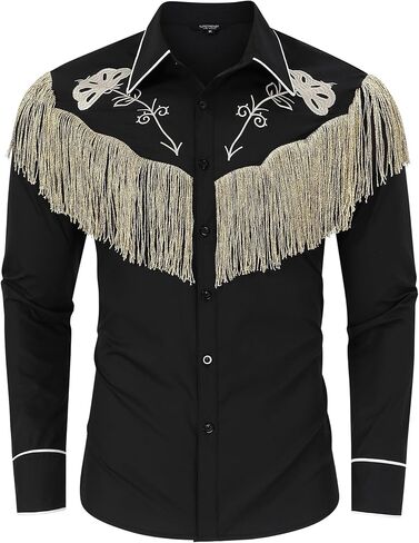 TURETRENDY Men's Western Cowboy Fringe Shirts Long Sleeve Embroidered Slim Fit Casual Button Down Shirts in Saudi Arabia