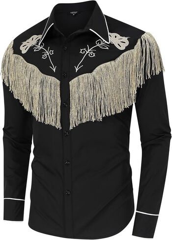 TURETRENDY Men's Western Cowboy Fringe Shirts Long Sleeve Embroidered Slim Fit Casual Button Down Shirts in Saudi Arabia