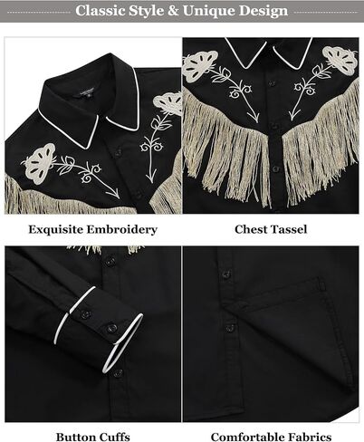 TURETRENDY Men's Western Cowboy Fringe Shirts Long Sleeve Embroidered Slim Fit Casual Button Down Shirts in Saudi Arabia