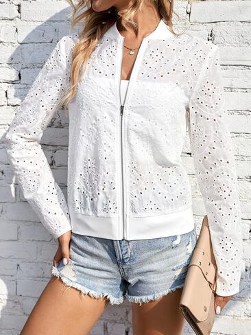 Floerns Women's Eyelet Embroidery Zipper Up Boho Long Sleeve Bomber Jacket in Saudi Arabia