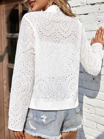 Floerns Women's Eyelet Embroidery Zipper Up Boho Long Sleeve Bomber Jacket in Saudi Arabia
