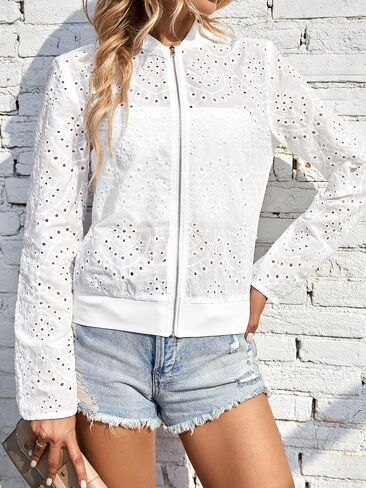 Floerns Women's Eyelet Embroidery Zipper Up Boho Long Sleeve Bomber Jacket in Saudi Arabia