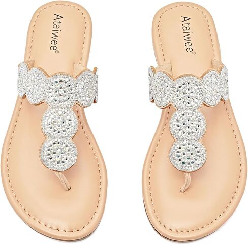 Ataiwee Women's Bohemian Bling Dressy Thong Flat Slide Sandals | Sparkly Flip Flops，Rhinestone T-Strap ,Lightweight Soft Memory foam Comfort for Daily Casual Wear in Saudi Arabia