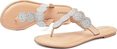 Ataiwee Women's Bohemian Bling Dressy Thong Flat Slide Sandals | Sparkly Flip Flops，Rhinestone T-Strap ,Lightweight Soft Memory foam Comfort for Daily Casual Wear in Saudi Arabia