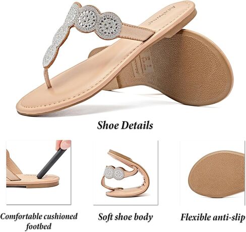Ataiwee Women's Bohemian Bling Dressy Thong Flat Slide Sandals | Sparkly Flip Flops，Rhinestone T-Strap ,Lightweight Soft Memory foam Comfort for Daily Casual Wear in Saudi Arabia
