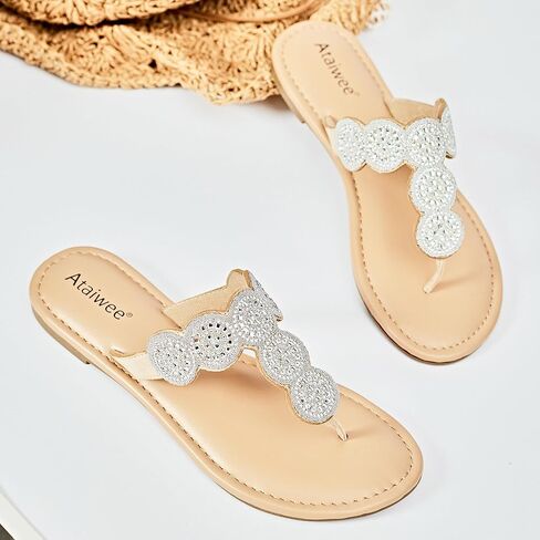 Ataiwee Women's Bohemian Bling Dressy Thong Flat Slide Sandals | Sparkly Flip Flops，Rhinestone T-Strap ,Lightweight Soft Memory foam Comfort for Daily Casual Wear in Saudi Arabia