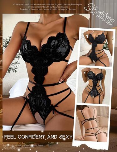 Stritra Womens One Piece Lingerie Lace Teddy Bodysuit Mini Babydoll Underwear,Black,L in Kuwait