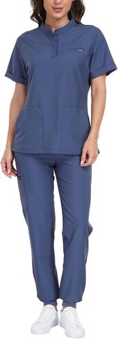 طقم Agile Motion Scrubs للنساء، قميص علوي أنيق بياقة ماندرين وسروال رياضي، 8 جيوب زي طبي مطاطي in Saudi Arabia