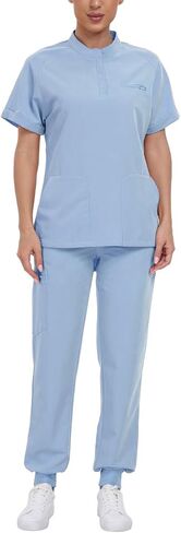 طقم Agile Motion Scrubs للنساء، قميص علوي أنيق بياقة ماندرين وسروال رياضي، 8 جيوب زي طبي مطاطي in Saudi Arabia