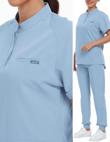 طقم Agile Motion Scrubs للنساء، قميص علوي أنيق بياقة ماندرين وسروال رياضي، 8 جيوب زي طبي مطاطي in Saudi Arabia