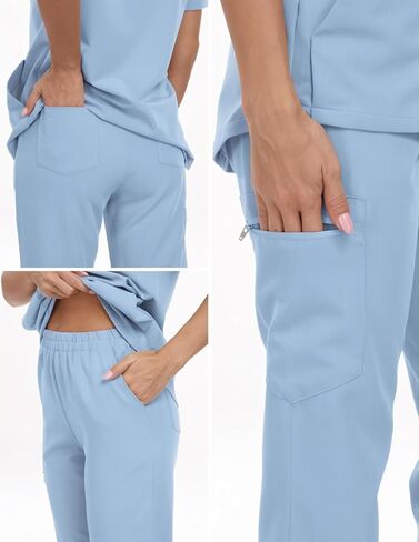 طقم Agile Motion Scrubs للنساء، قميص علوي أنيق بياقة ماندرين وسروال رياضي، 8 جيوب زي طبي مطاطي in Saudi Arabia