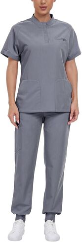 Agile Motion Scrubs for Women Set, Stylish Mandarin Collar Top & Jogger Pants, 8 Pockets Stretch Medical Uniform in Kuwait