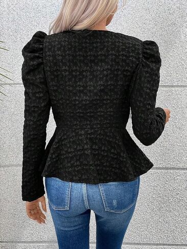 SHENHE Women's Crewneck Puff Sleeve Zip Up Ruffle Hem Coat Work Office Peplum Jacket in Saudi Arabia