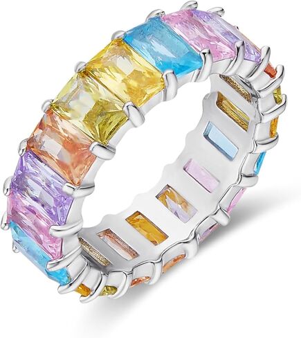 AFFY 18K الذهب الأبيض مطلي الزمرد قص متعدد الألوان AAA Created-Gemstone Eternity Ring قوس قزح, معدن, زركونيا مكعب in Saudi Arabia