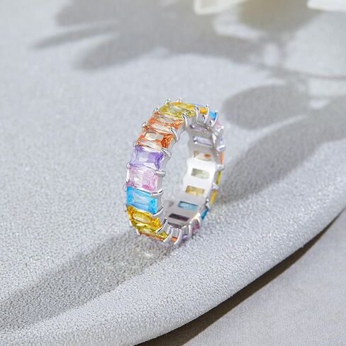 AFFY 18K الذهب الأبيض مطلي الزمرد قص متعدد الألوان AAA Created-Gemstone Eternity Ring قوس قزح, معدن, زركونيا مكعب in Saudi Arabia