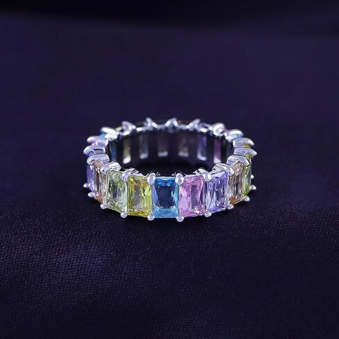 AFFY 18K الذهب الأبيض مطلي الزمرد قص متعدد الألوان AAA Created-Gemstone Eternity Ring قوس قزح, معدن, زركونيا مكعب in Saudi Arabia