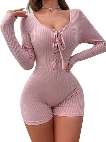 بدلة قفز نسائية من COZYEASE بأربطة من الأمام وأكمام طويلة، بدلة نوم قصيرة منسوجة ومضلعة، رومبير على شكل حرف V، ملابس نوم قصيرة in Saudi Arabia