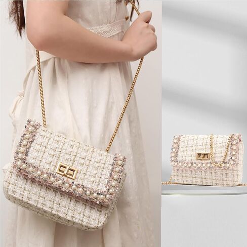 Qiayime المرأة الصغيرة اللؤلؤ محفظة وحقيبة يد مقبض علوي تويد مطرز سلسلة مساء حقيبة كتف مخلب حقيبة كروسبودي in Kuwait