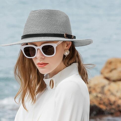 Straw Sun Hats for Women Men Panama Fedora Summer Hat with Leather Belt Wide Brim Beach Sun Jazz Cap in Kuwait
