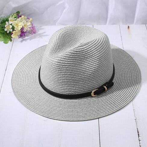Straw Sun Hats for Women Men Panama Fedora Summer Hat with Leather Belt Wide Brim Beach Sun Jazz Cap in Kuwait