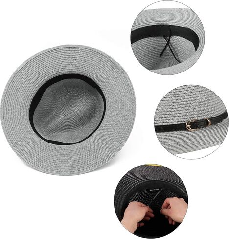 Straw Sun Hats for Women Men Panama Fedora Summer Hat with Leather Belt Wide Brim Beach Sun Jazz Cap in Kuwait