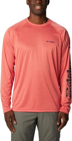 Columbia Men's Standard Terminal Tackle Long Sleeve Shirt, Sunset Red Heather/Collegiate Navy Logo, Small in Saudi Arabia