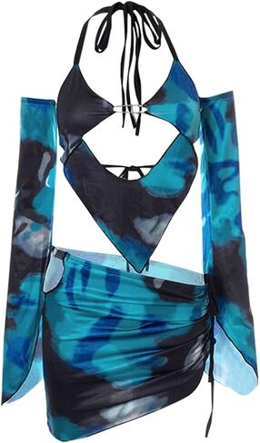 CAPE CLIQUE Women Marble Print Halter Backless Dress Split Long Sleeves Sexy Slim Fit Mini Dress Cool-Street Skirt Suit in Saudi Arabia