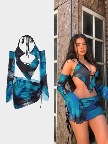 CAPE CLIQUE Women Marble Print Halter Backless Dress Split Long Sleeves Sexy Slim Fit Mini Dress Cool-Street Skirt Suit in Saudi Arabia