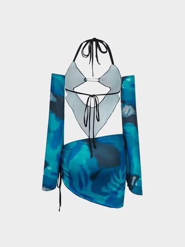 CAPE CLIQUE Women Marble Print Halter Backless Dress Split Long Sleeves Sexy Slim Fit Mini Dress Cool-Street Skirt Suit in Saudi Arabia