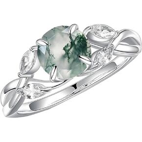 1.2ct Willow Natural Moss Agate Engagement Rings for Women with Moissanite,925 Sterling Silver Wedding Rings Vermeil Twig Round Cut Moss Agate Rings for Her