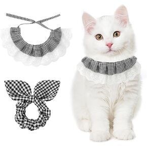 E-Clover Cat Collar & Matching Scrunchie Lace Cat Bandana Adjustable for Kitten Kitty Boy Girl Owner Gift Black White Plaid