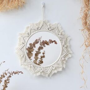 Artilady Macrame Hanging Wall Mirror - Boho Fringe Round Handmade Decorative Acrylic Mirror for Apartment Living Room Bedroom Baby Nursery Home Decor (Leaf)