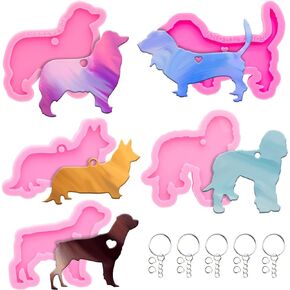 65Pcs Epoxy Resin Molds Kit - 5pcs Dog Shape Silicone Molds for Resin, Epoxy Resin Casting Molds, Resin Keychain Molds, Keychains, Jump Ring for DIY Keychain Pendant Pet Tag, Polymer Clay Mold