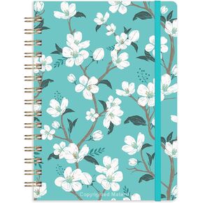 دفتر يوميات/دفتر ملاحظات مسطر - مجلة مسطرة بورق سميك ممتاز، 6.3 بوصة × 8.4 بوصة، غلاف مقوى مع جيب خلفي + ربط بسلك مزدوج - زهور باللون الأزرق المخضر in Kuwait