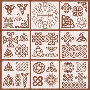 9 Pcs Celtic Stencils, Viking Triquetra Knot Stencil 20cm/7.9 Inch Reusable Mylar Stencil for Crafts and Decorations, Viking Stencil for Painting On Wood, Canvas, Fabric, Floor, Wall and Tile