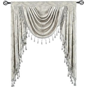 Silver Grey European Floral Valances for Windows Rod Pocket Damask Waterfall Valances with Beads Tassels - Jacquard Swag Cascade Window Valance for Living Room/Office, 1 Panel, Wide 39 Inch