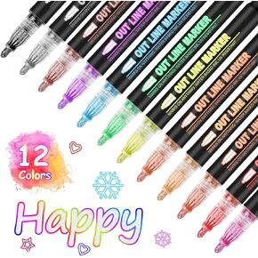 Double Line Outline Markers, 12 Colors Squiggles Shimmer Outline Marker Pen Set for Drawing Art Supplies, Doodle Dazzles Shimmer Marker Set Crafts for Kids Ages 8-12, Gifts for 4-12 Year Old Girl