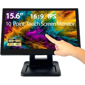 15.6 Inch 1920 x 1080 FHD IPS Touchscreen POS Monitor Metal Housing, 10 Points Touch HDMI VGA, Waterproof Dustproof Screen 1080P, Indusitrial, Office, Retail, Gym, Warehouse
