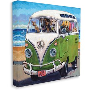 Stupell Industries Dogs Driving Retro Van Summer Beach Trip Canvas Wall Art, 17x17, Multicolor