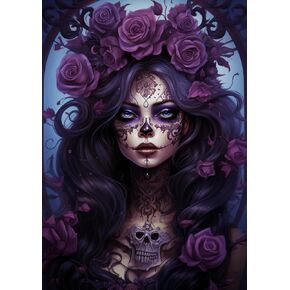 DIY Diamond Art Painting Kits for Adults Black and Purple Sugar Skull Girl Round Full Drill Canvas Gems Cross Stitch Art Kit 5D Painting by Diamond Mosaic Craft for Halloween 30x40cm(8)