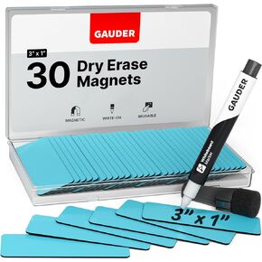 GAUDER Magnetic Dry Erase Labels | 30x Magnetic Labels (3 Inches x 1 Inch) | Dry Erase Magnets for Classroom, Whiteboard and Blackboard
