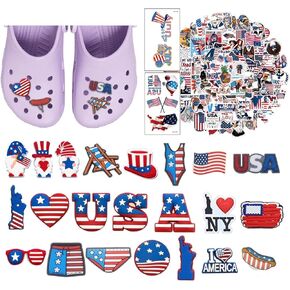 22 Pcs American Flag Shoe Charm for Clog Sandals Charm Decorations PVC Independence Day Charm de zapato para zueco Bracelet Wristband Party Gifts with 50 American theme Stickers 2 Tattoo Stickers