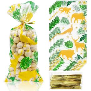 100 Pieces Hawaiian Cellophane Treat Bags, Jungle Animal Cellophane Bags Green Gold Safari Animal Palm Leaves Plastic Candy Goodie Bags with 100 Gold Twist Ties for Teens Kids Birthday Party Supplies