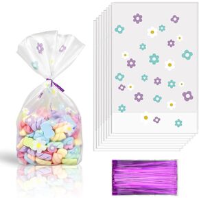 50 Pcs Little Flower Candy Bags Gusseted Cellophane Frosted Bags With purple Twist Ties, Best Gusset Bag for Presenting Packaged Treats, Candys, Cookies Gift Bags (Size 5.7"x9"x2"）